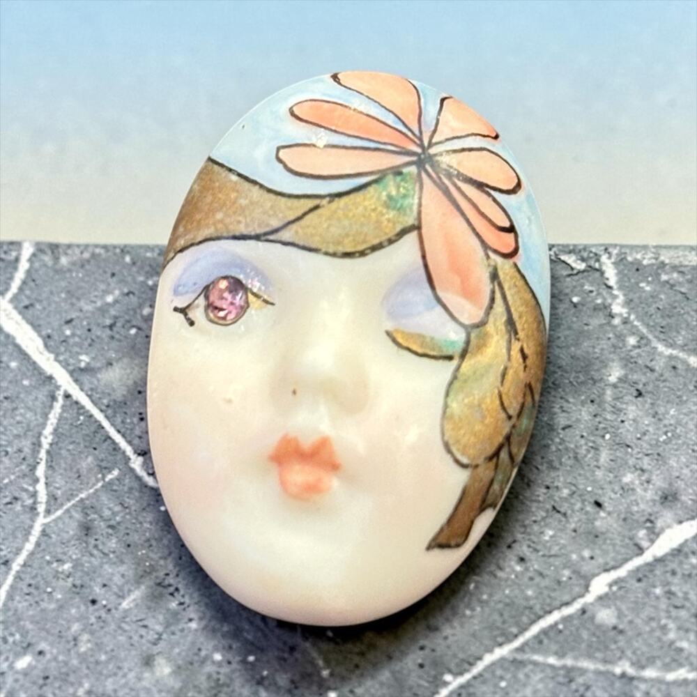 Art Deco Lady Face Brooch Hand Painted Porcelain Rhinestone Flapper